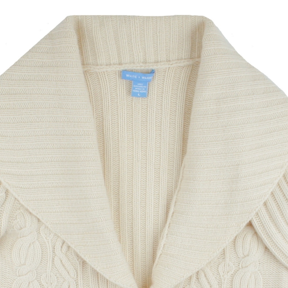 Women’s 100% Cashmere Cream Shawl Collar Cable Knit Sweater - Picture 2 of 4
